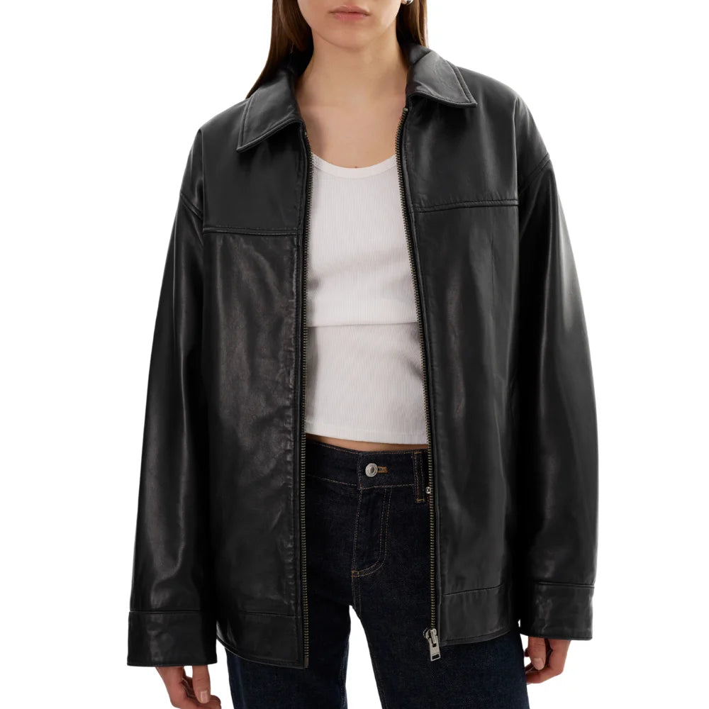 Women's Oversized Black Leather Bomber Jacket - Shirt Collar Style