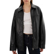 Women's Oversized Black Leather Bomber Jacket - Shirt Collar Style