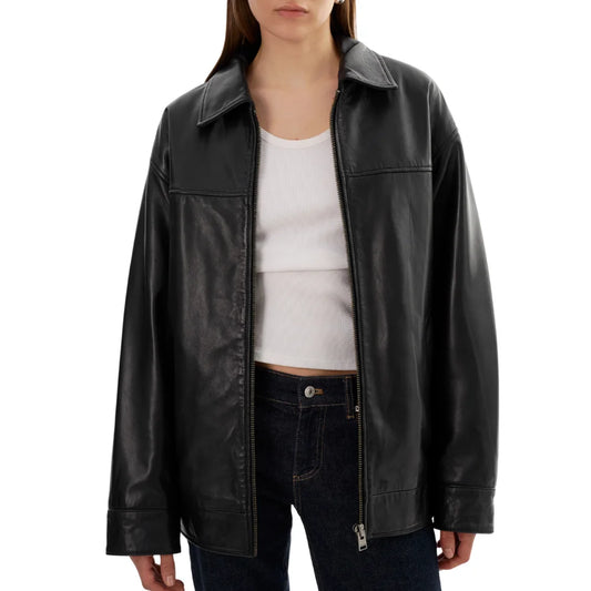 Women's Oversized Black Leather Bomber Jacket - Shirt Collar Style
