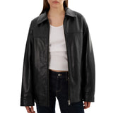 Women's Oversized Black Leather Bomber Jacket - Shirt Collar Style