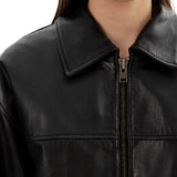 Women's Oversized Black Leather Bomber Jacket - Shirt Collar Style