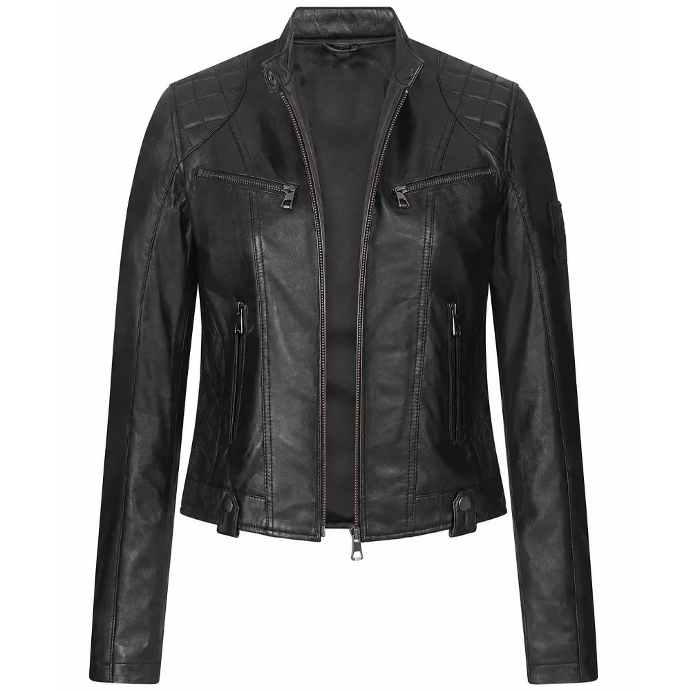 Women's Quilted Black Leather Biker Jacket