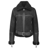 Women’s black sheepskin belted aviator jacket front view