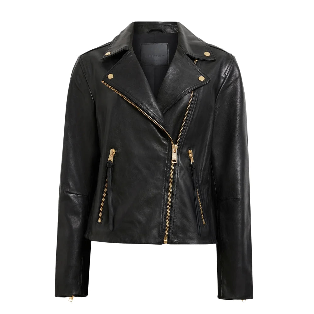 Women’s black sheepskin leather moto jacket