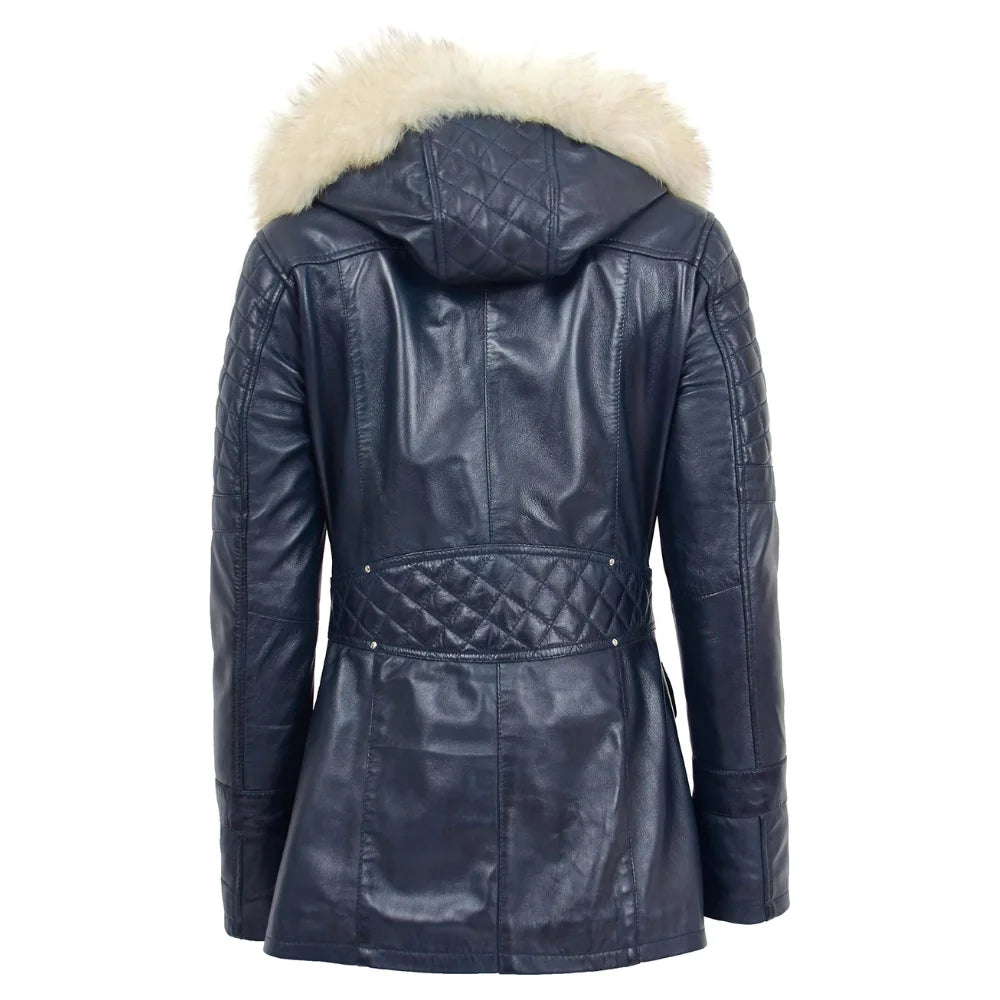 Women’s Blue Sheepskin Leather Duffle Coat with Removable Sherpa Hood
