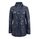 Women’s Blue Sheepskin Leather Duffle Coat with Removable Sherpa Hood