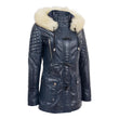 Women’s Blue Sheepskin Leather Duffle Coat with Removable Sherpa Hood
