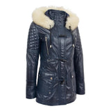 Women’s Blue Sheepskin Leather Duffle Coat with Removable Sherpa Hood