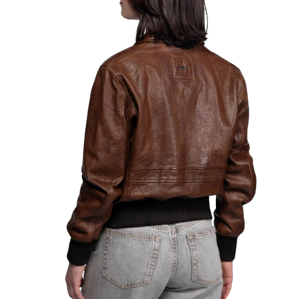 Womens A2 Distressed Aviator Cockpit Brown Bomber Leather Jacket