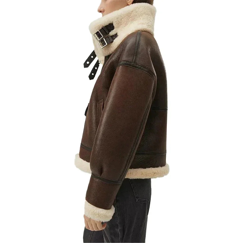 Fur-trimmed cuffs on women’s brown aviator jacket