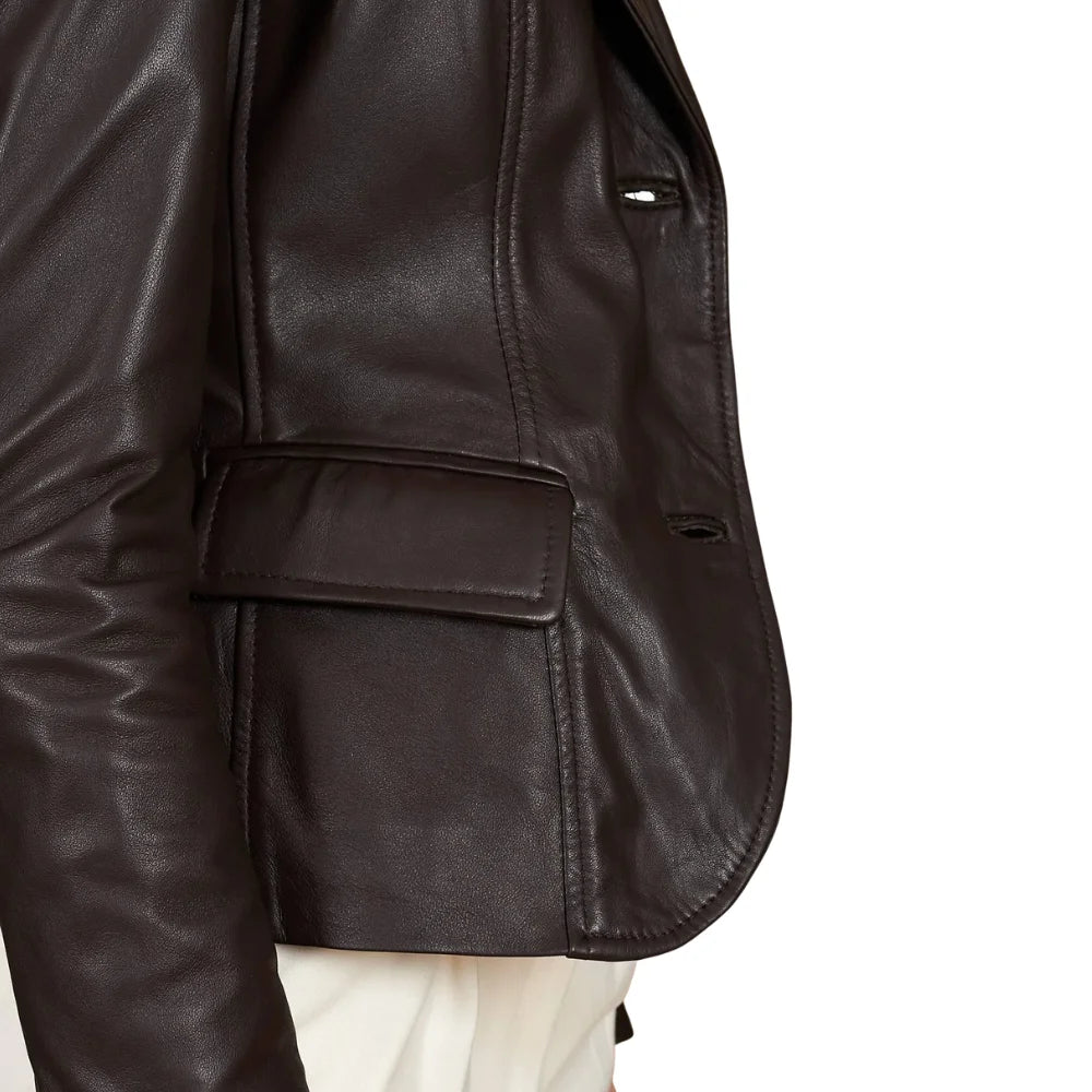 Women's Dark Brown Two Button Leather Blazer