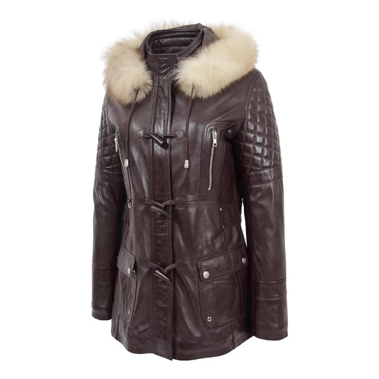 Women’s Ariel Brown Sheepskin Leather Duffle Coat with Removable Sherpa Hood