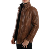 Men’s Cognac Brown Leather Jacket with Stand Collar