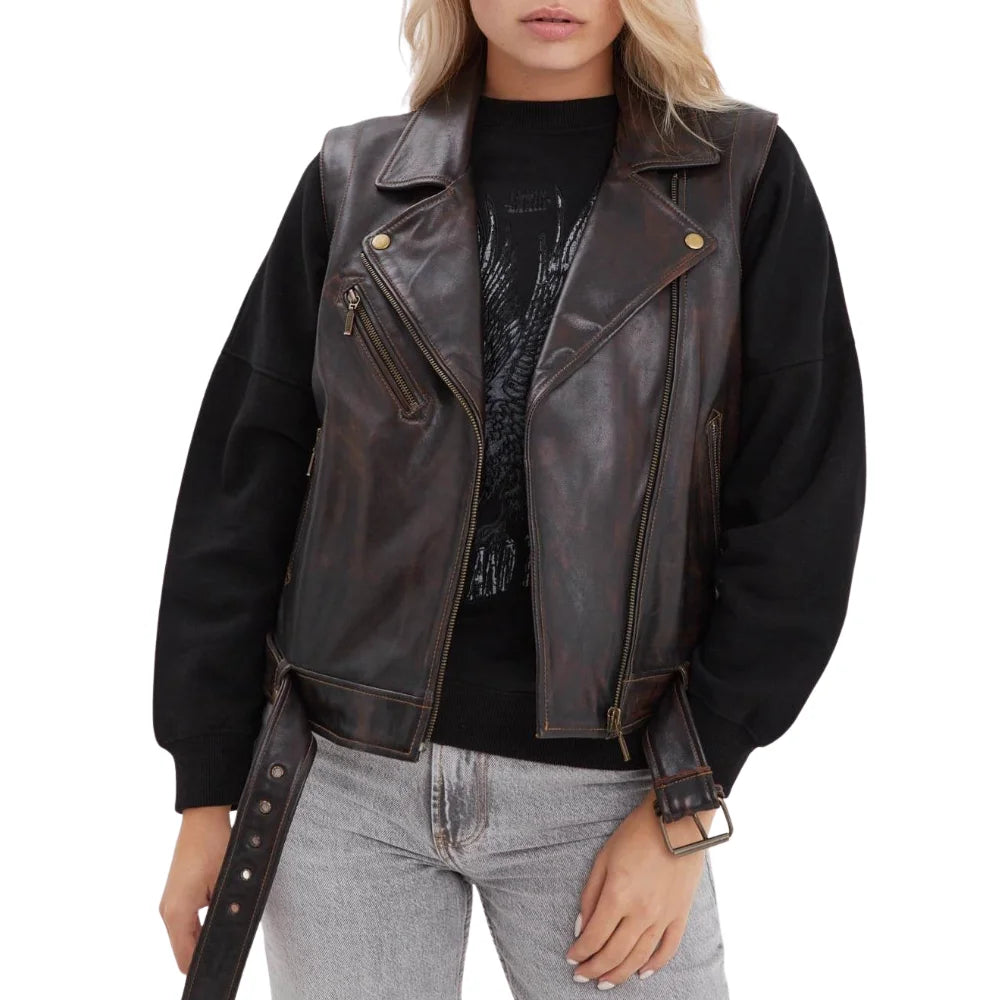 Women’s Black Cognac Aged Lambskin Leather Vest with Belted Waist