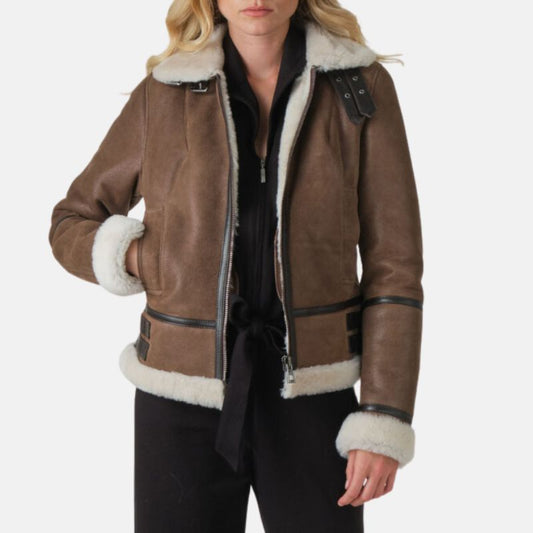 Women’s brown shearling aviator leather jacket front view