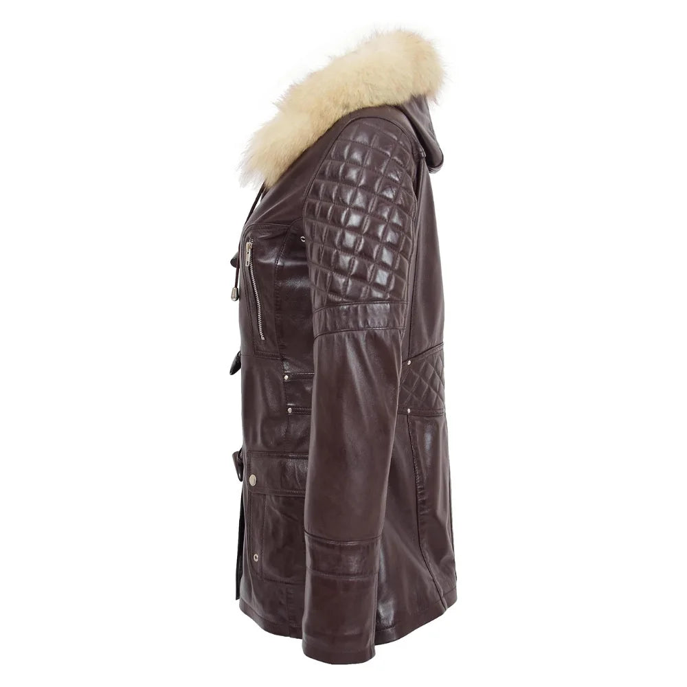 Women’s Ariel Brown Sheepskin Leather Duffle Coat with Removable Sherpa Hood