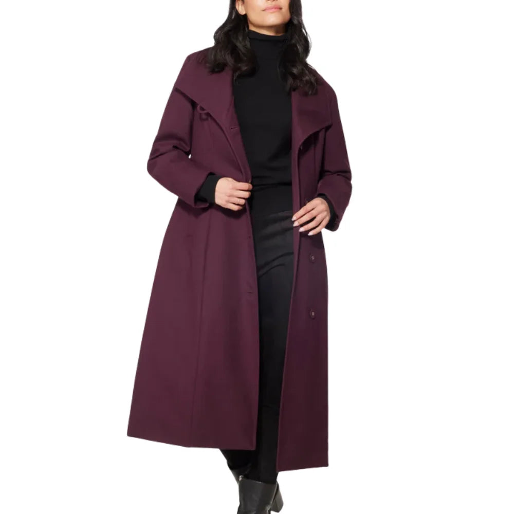 Women’s Burgundy Long Belted Wool Blend Coat