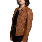 Women’s Cognac Brown Leather Trucker Jacket