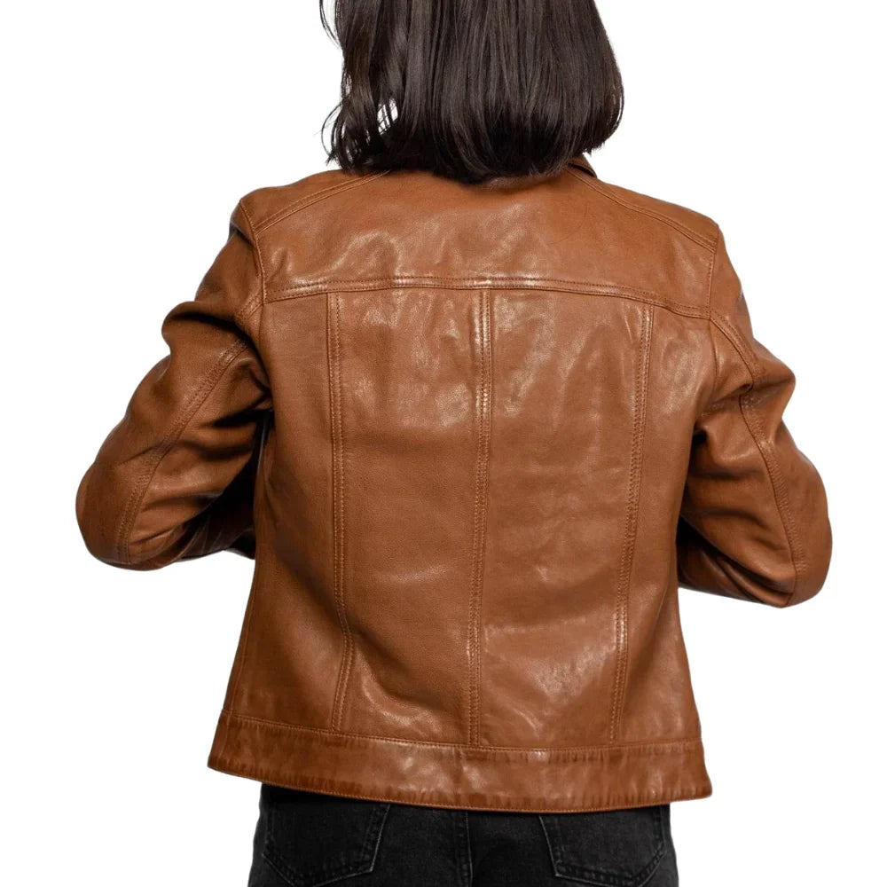 Women’s Cognac Brown Leather Trucker Jacket