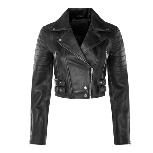 Women’s Black Cropped Leather Biker Jacket