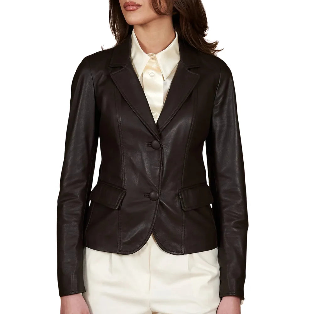 Women's Dark Brown Two Button Leather Blazer