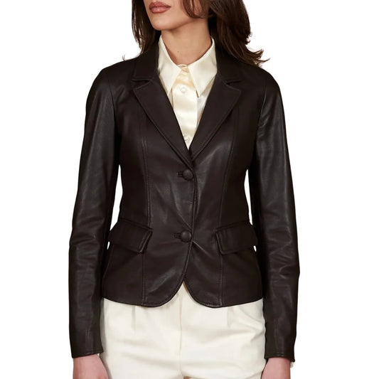 Women's Dark Brown Two Button Leather Blazer