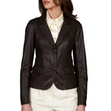 Women's Dark Brown Two Button Leather Blazer