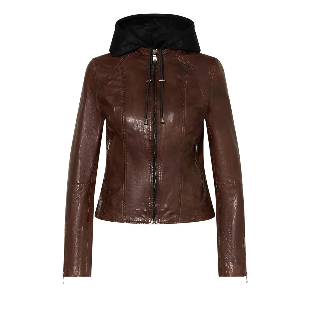 Women’s dark brown leather hooded jacket front view