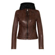 Women’s dark brown leather hooded jacket front view
