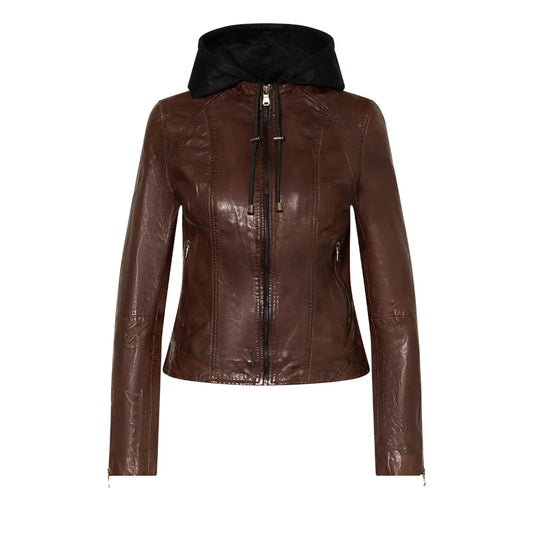 Women’s dark brown leather hooded jacket front view