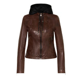 Women’s dark brown leather hooded jacket front view