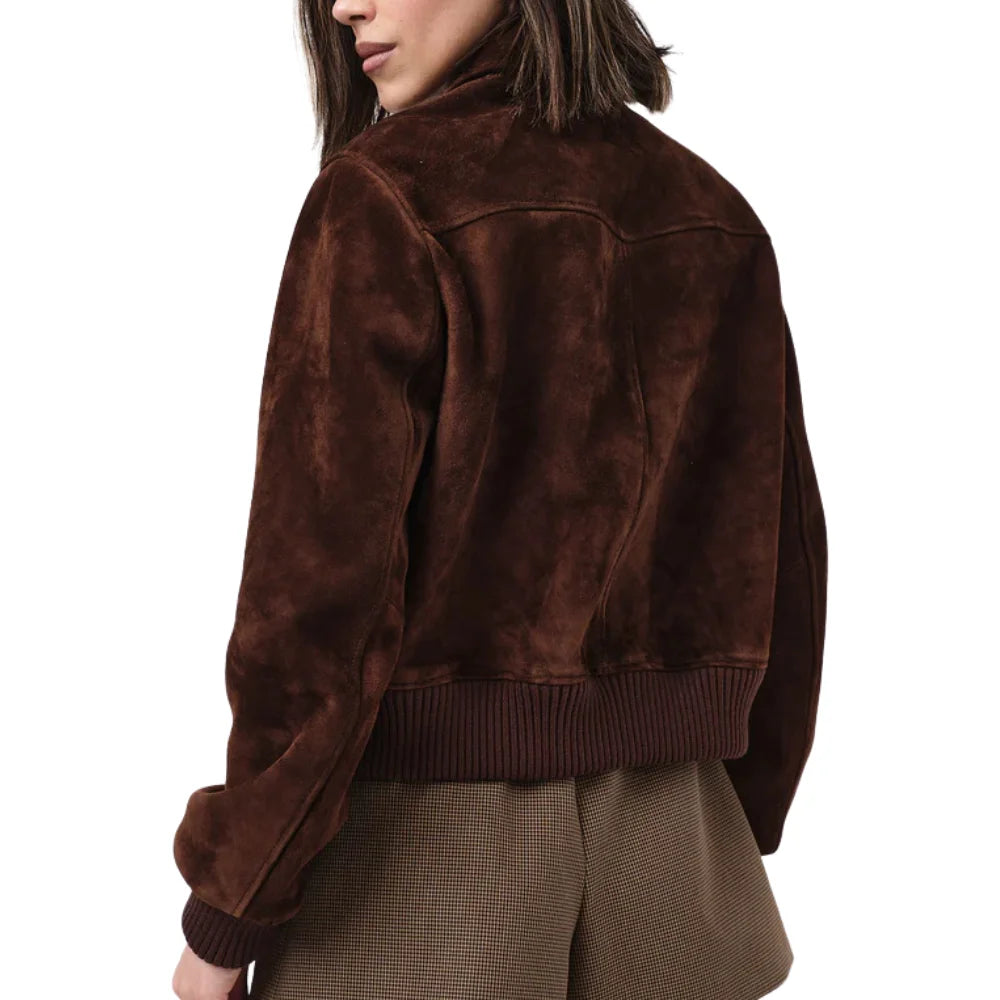 Womens Camel Lauren Brown Suede Bomber Jacket