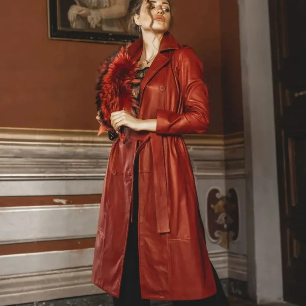 Gogasher Red Womens Double Breasted Red Long Leather Coat – Trendy Jacket