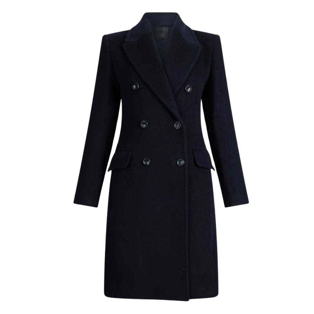 Women's Classic Dark Blue Double-Breasted Wool Trench Coat