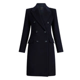 Women's Classic Dark Blue Double-Breasted Wool Trench Coat