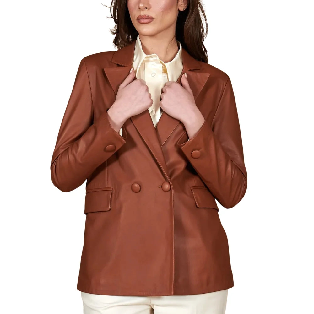 womens-double-breasted-tan-leather-blazer