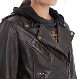 Women’s Black Cognac Hooded Leather Biker Jacket with Adjustable Belt