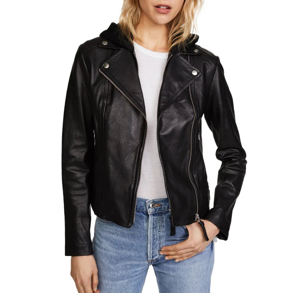 Billie Black Womens Real Leather Biker Jacket with Hood
