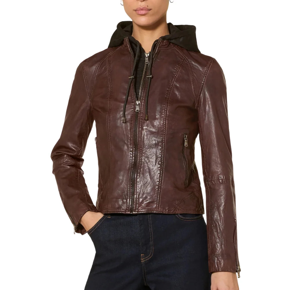 Women’s brown zip pocket leather jacket