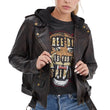 Women’s Black Cognac Hooded Leather Biker Jacket with Adjustable Belt