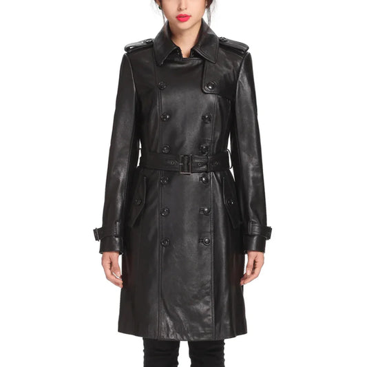 NewYork Women's Black Lambskin Double Breasted Belted Trench Coat