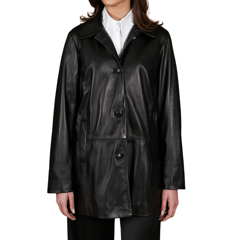 Women's Real Black Leather Button-Up Jacket