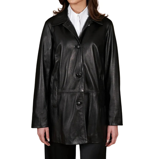 Women's Real Black Leather Button-Up Jacket