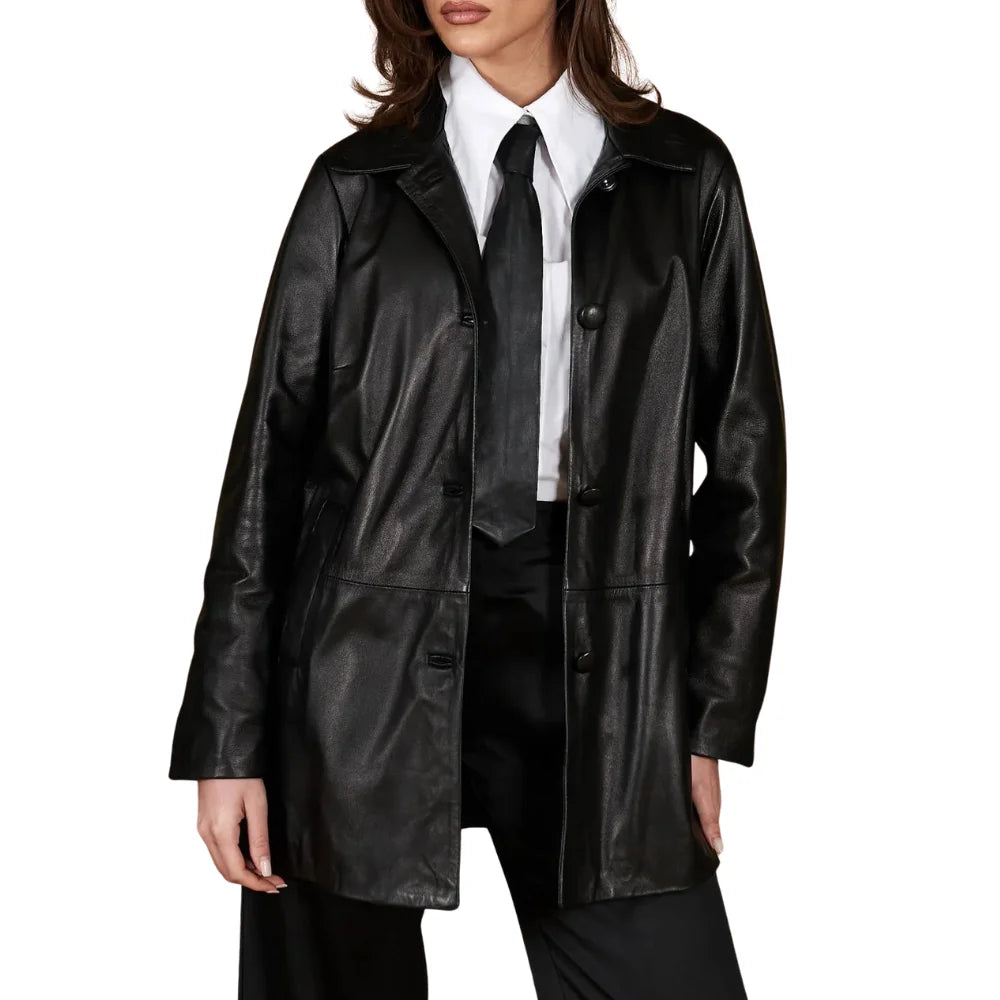 Women's Real Black Leather Button-Up Jacket