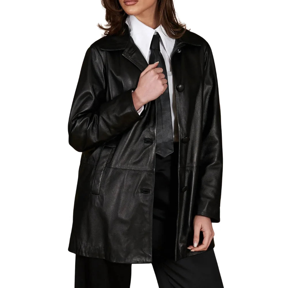 Women's Real Black Leather Button-Up Jacket