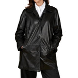 Women's Real Black Leather Button-Up Jacket