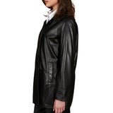Women's Real Black Leather Button-Up Jacket
