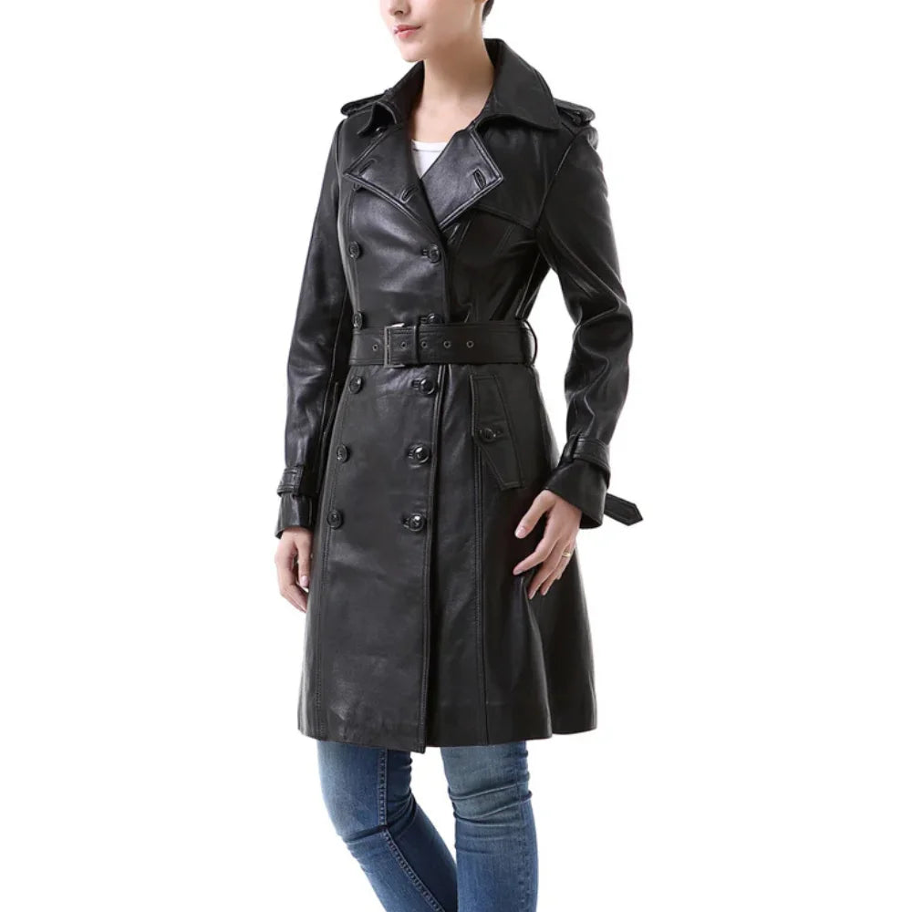 NewYork Women's Black Lambskin Double Breasted Belted Trench Coat
