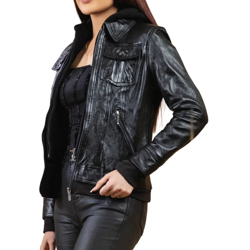 Black Leather Bomber Jacket Women with Removable Hood
