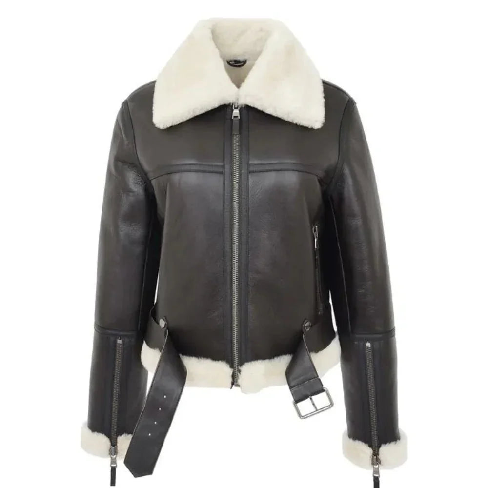 Women’s belted B3 shearling jacket front view